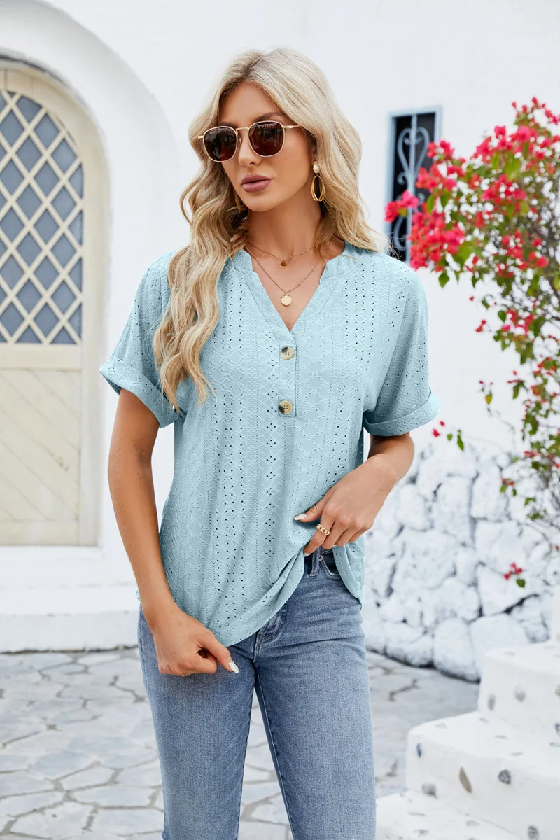 Women's V-neck Rolled Edge Short Sleeved Button Loose Casual T-shirt