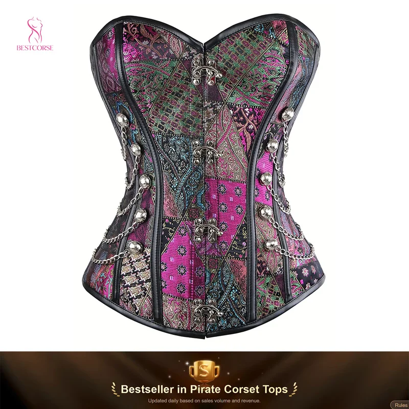 Steampunk Court Gothic Purple Corset Top With Steel Boned Chain Jacquard Brocade Overbust Waist Cincher Festival Outfit Costume