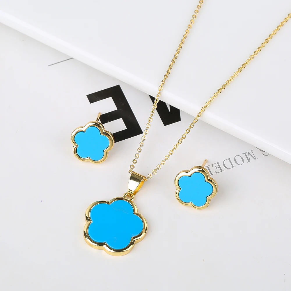 Flower Stone Shell New Design Plum Blossom Plant Five Leaf Flower Jewelry Set Women's Luxury Sweet Gift Party Girl Clover