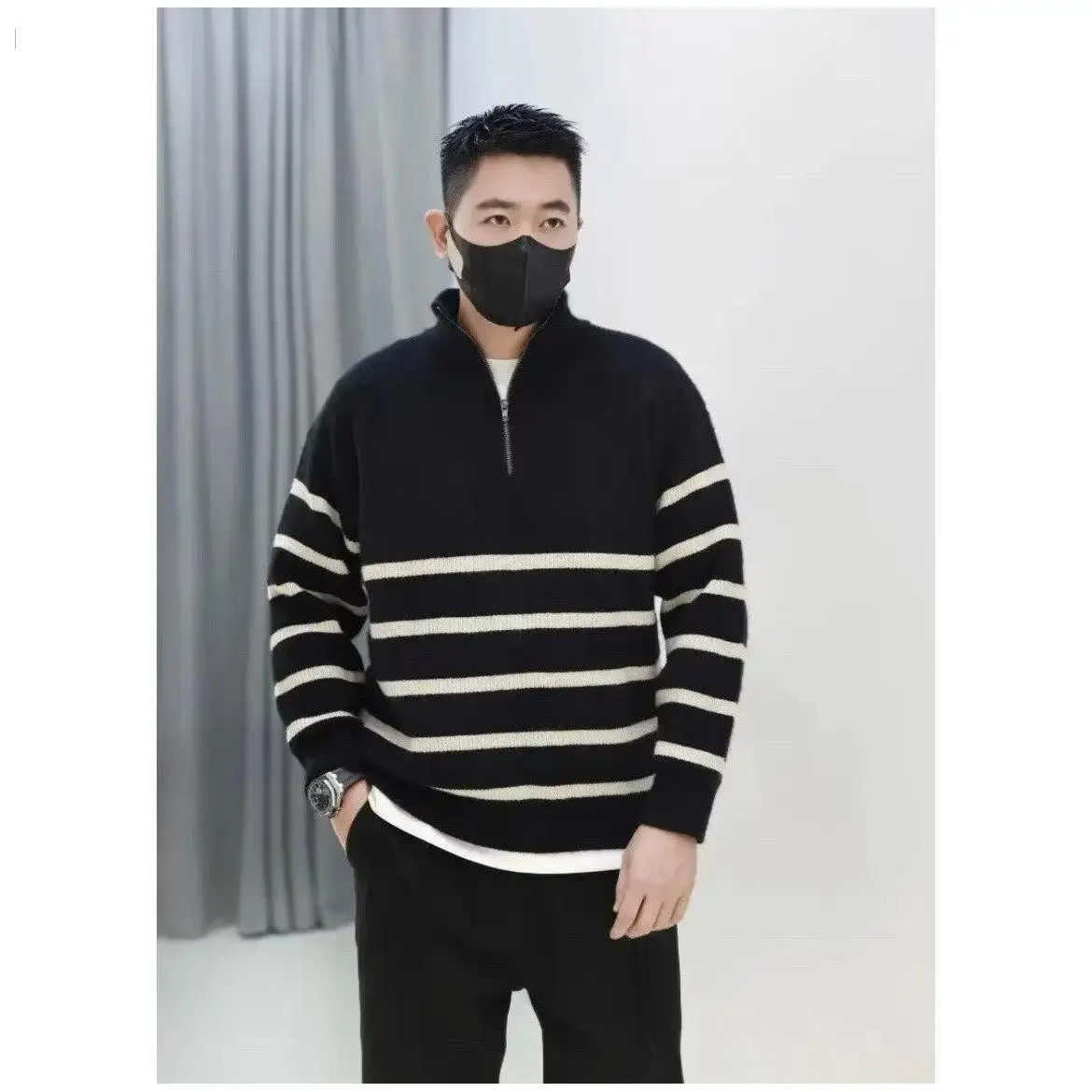 

American Sle f Zipper Stand Collar Knitted Sweater Men Stripe Slim Long Sve Hoodie High Collar Overcoat Polyester Fiber