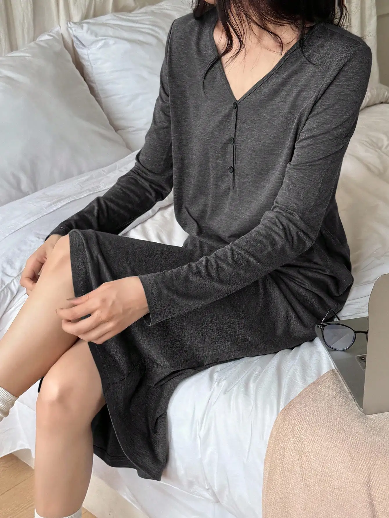 

Dark Green Knitted Dress Loose Leisure Nightgown Long Style Long Sleeves V-neck Comfortable Home Clothes For Women