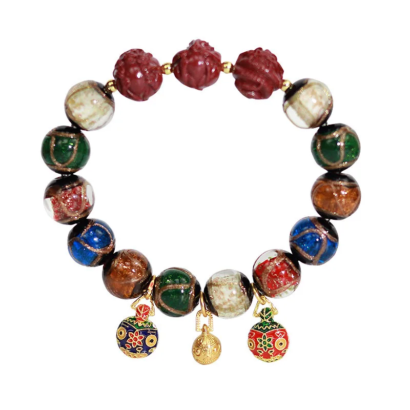 

Cinnabar Zodiac Triad Gold Swallowing Beast Multi treasure Buddhist Beads Bracelet for Women Premium Glass Bracelet Gifts
