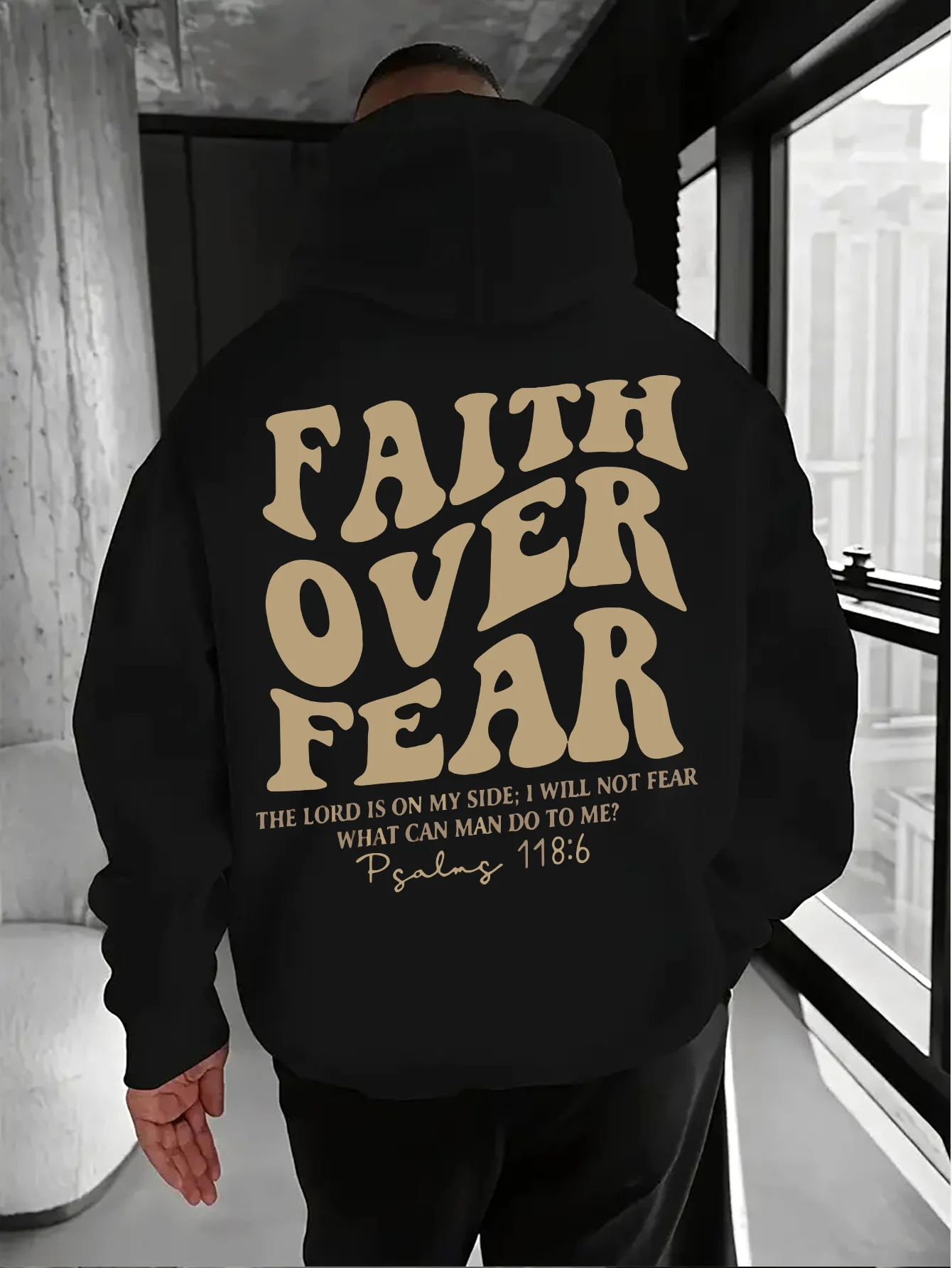 Belief Trend Unique Letter Collocation Psalm Scripture Print Men Hooded Sweatshirt Autumn Winter Daily Outdoor Sports Loose Warm