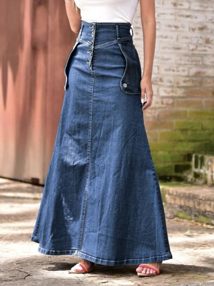 

Skirts Women A Line Long Skirt Slim Fit High Waist Elegant Splice Denim Sexy Casual Regular Pocket Button Solid Summer 2024