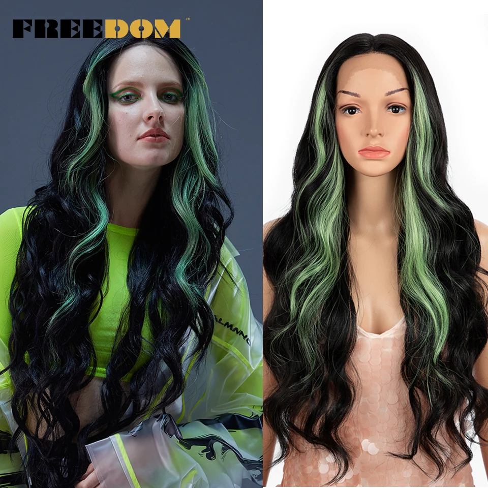 

FREEDOM Synthetic Lace Wigs Ombre Long Wavy Purple Green Ginger Lace Front Wig 13x1 Middle Part Highlight Cosplay Wigs For Women