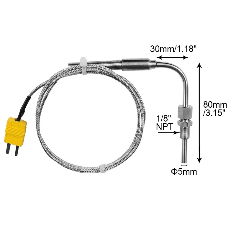 Sensor de temperatura de gases de escape, sonda de acero inoxidable, rosca de tubo termopar, 1300 \'\', NPT, codo, tapones macho, 1/8 °C, tipo K EGT