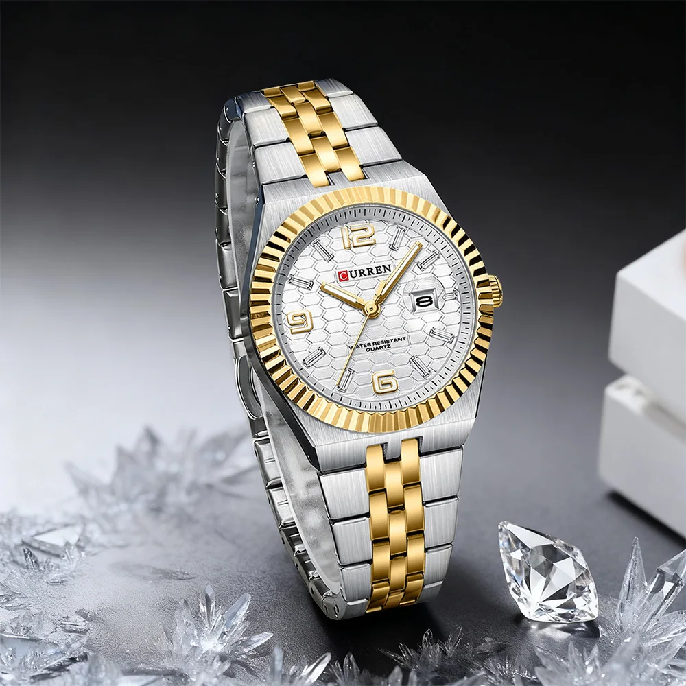 ساعة CURREN النسائية الجديدة بسوار كوارتز بلونين مع عقارب مضيئة ومينا لامعة فاخرة مع سوار فولاذي غير قابل للصدأ #1