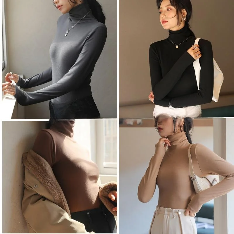 

Women's High Ne Base irt Autumn Thi Long Sve Slim Fit Polyester Spandex Color Commute Sle T-irt