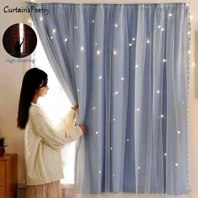 Adhesive Blackout Curtain No Punch Hollow Star Window Treatment Easy to Install High Shading Portable for Bedroom Home Decor 1Pc