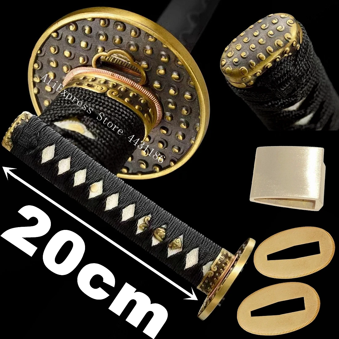 20CM Japanese Sword Handle Real Ray Skin Tsuka For Katana/Wakizashi Fittings Set Brass Tsuba+Menuki+Fuchi+Kashira+Habaki+Seppa