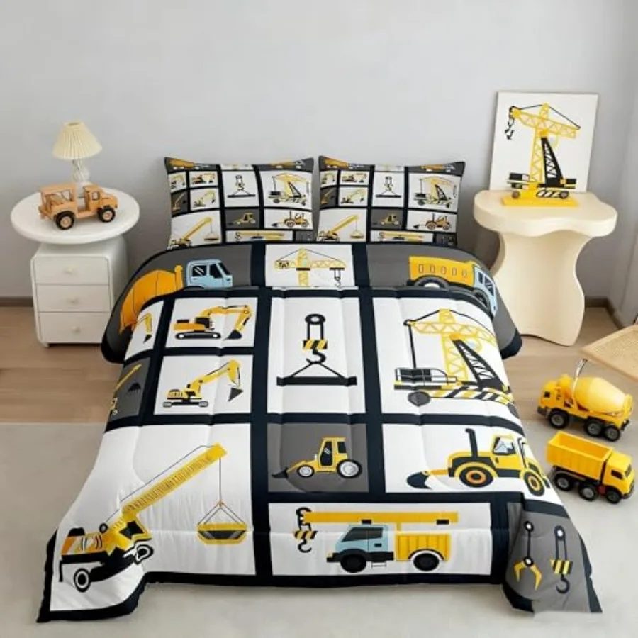 

Boys Construction Bedding Set Size Machinery Truck Comforter for Construction Site Car Vehicle Decor Comforter Set Excavators Q