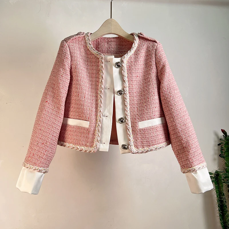 High Quality Luxury Korean Autumn Winter New Small Fragrance Jacket Women's Diamond Button Spliced Edge Top Short Coat Outrwear