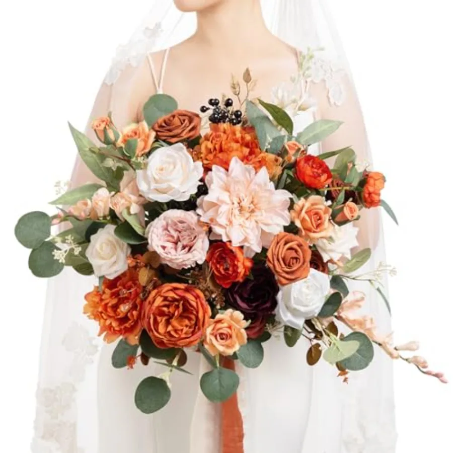 Bridal bouquet for wedding ceremony, terracotta-colored artificial silk flowers, amber and rust tones, organic rustic design, h