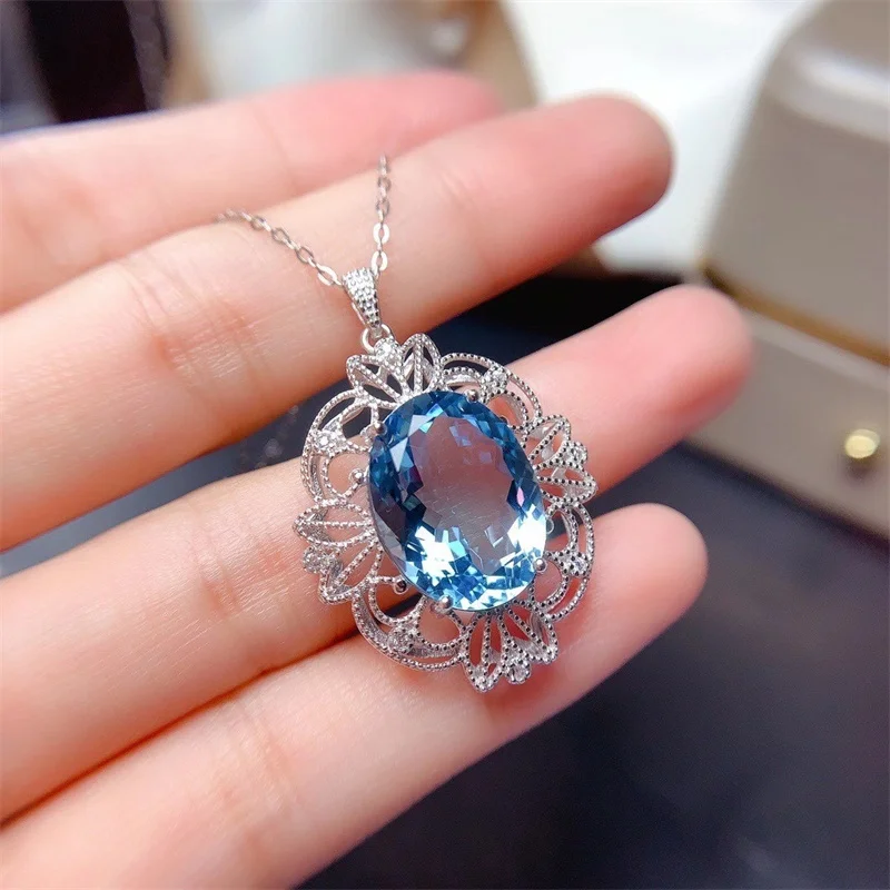 

925 Silver Pendant Genuine Blue Topaz Gemstone Big Size 14X10mm Gorgous Necklace Jewelry for Women with Certificate