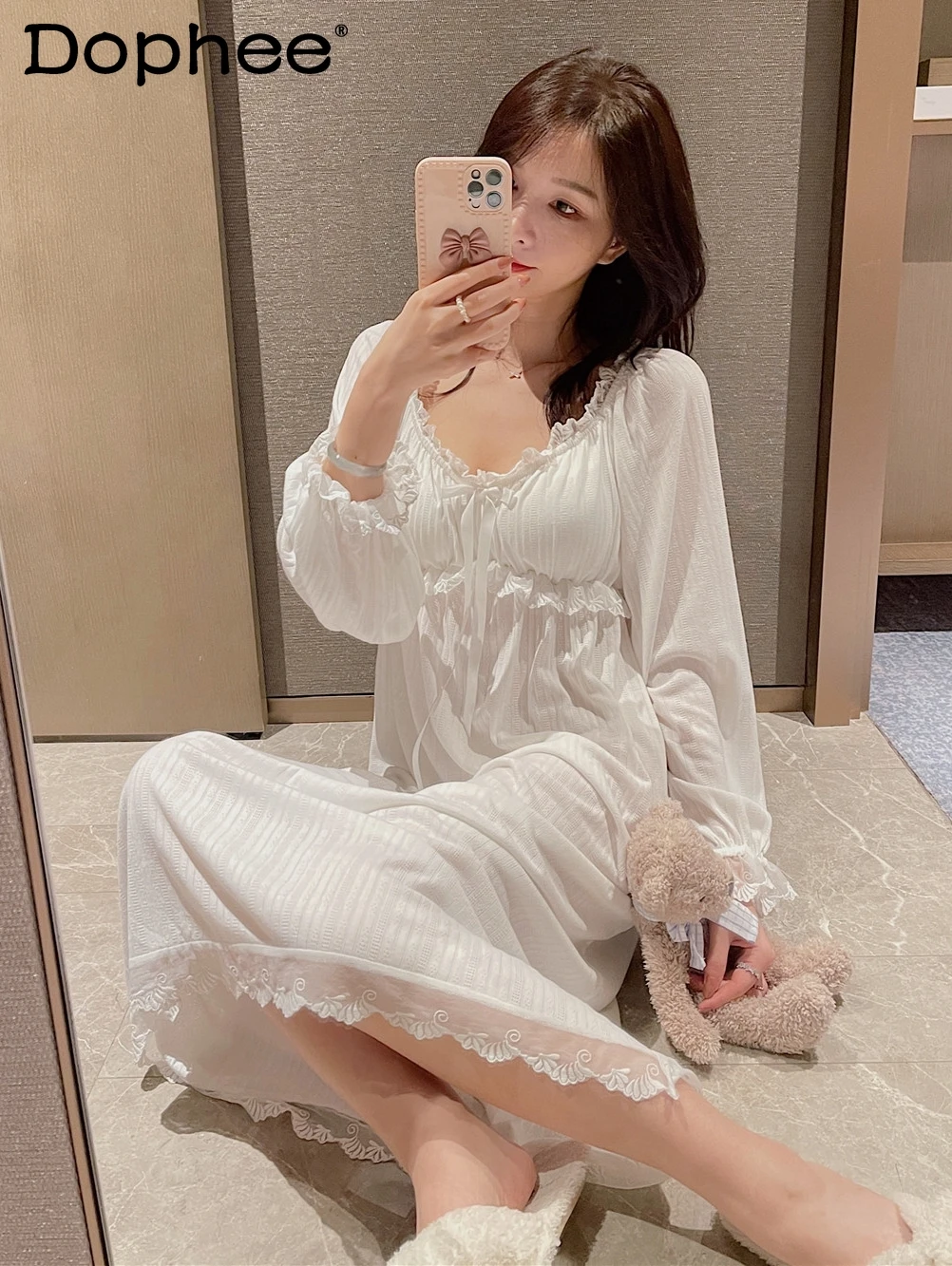 

Hair Accessories Elegant Palace Style with Chest Pad Nightdress Sweet Princess Style Long Sleeve Homewear Set for Women