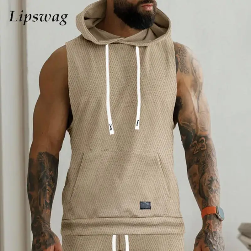 Leisure Sleeveless Hooded T Shirts Men Summer Casual Drawstring Hoodie Mens Tank Tops Vintage Skew Textured Hoodiies Camisoles