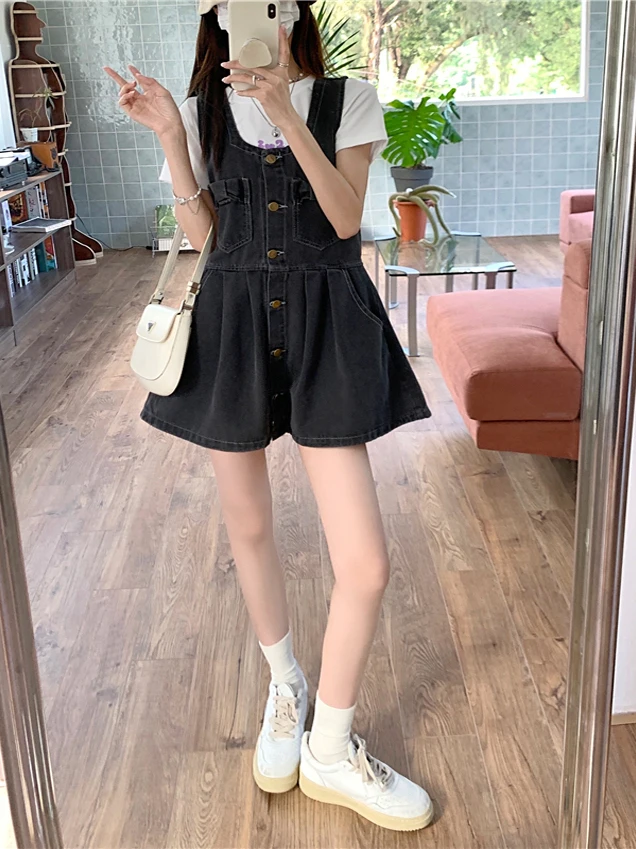 여름 얇은 데님 오버롤 여성용 하이웨이스트 A라인 드레스 스커트 슬림 효과 플러스 사이즈 출퇴근용