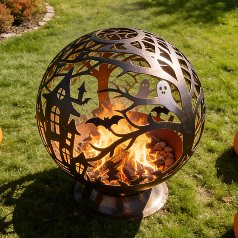 Halloween Themed Metal Hollow Fire Pit Sphere, Laser Cut Ghost Bat Haunted House Design Outdoor Fire Bowl for Patio & Party