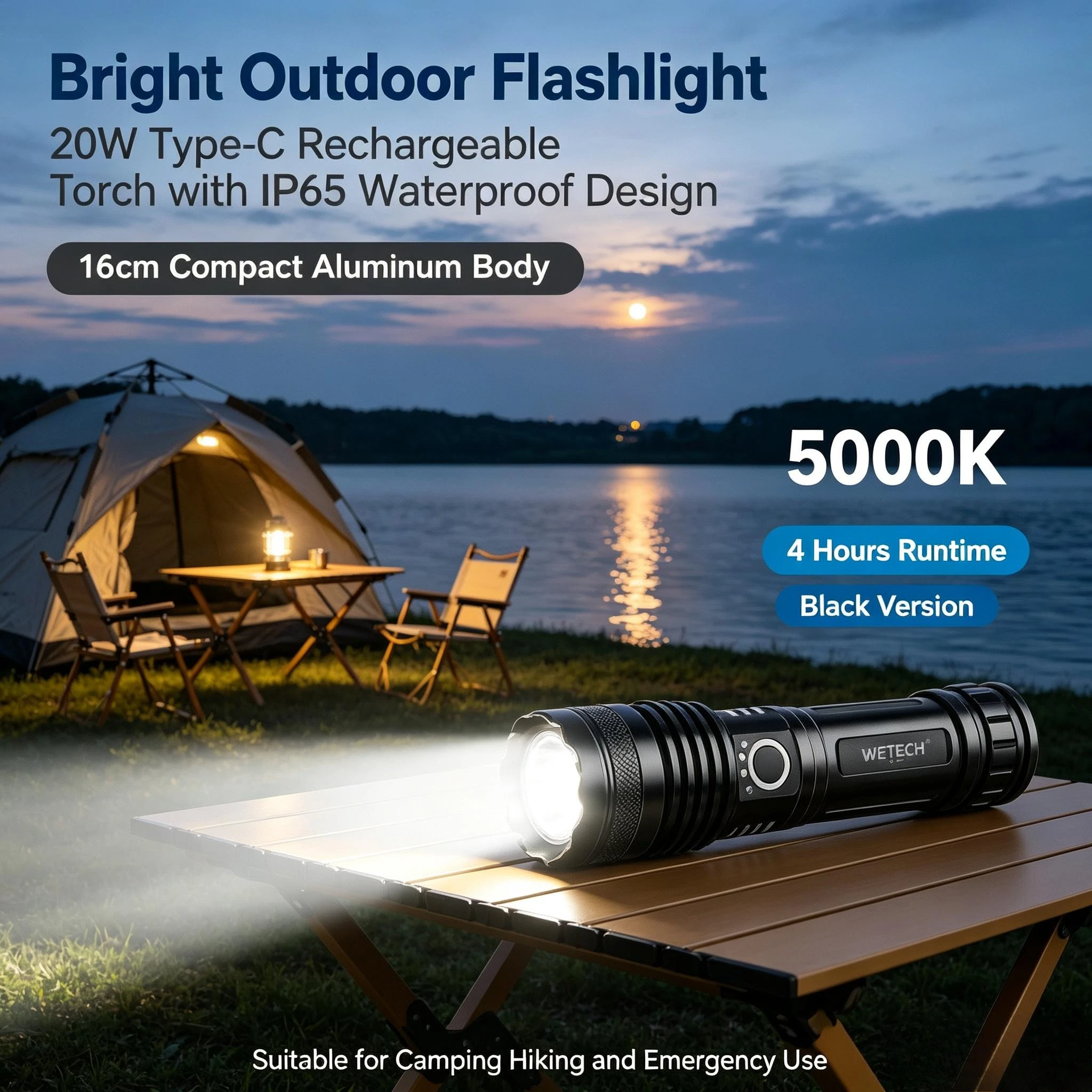Lampe de poche à LED, rechargeable par USB-C, 20 W, étanche IP65, avec fonction zoom, batterie 2000 mAh, 5000 K, idéale pour le camping, la randonnée et les situations d’urgence.