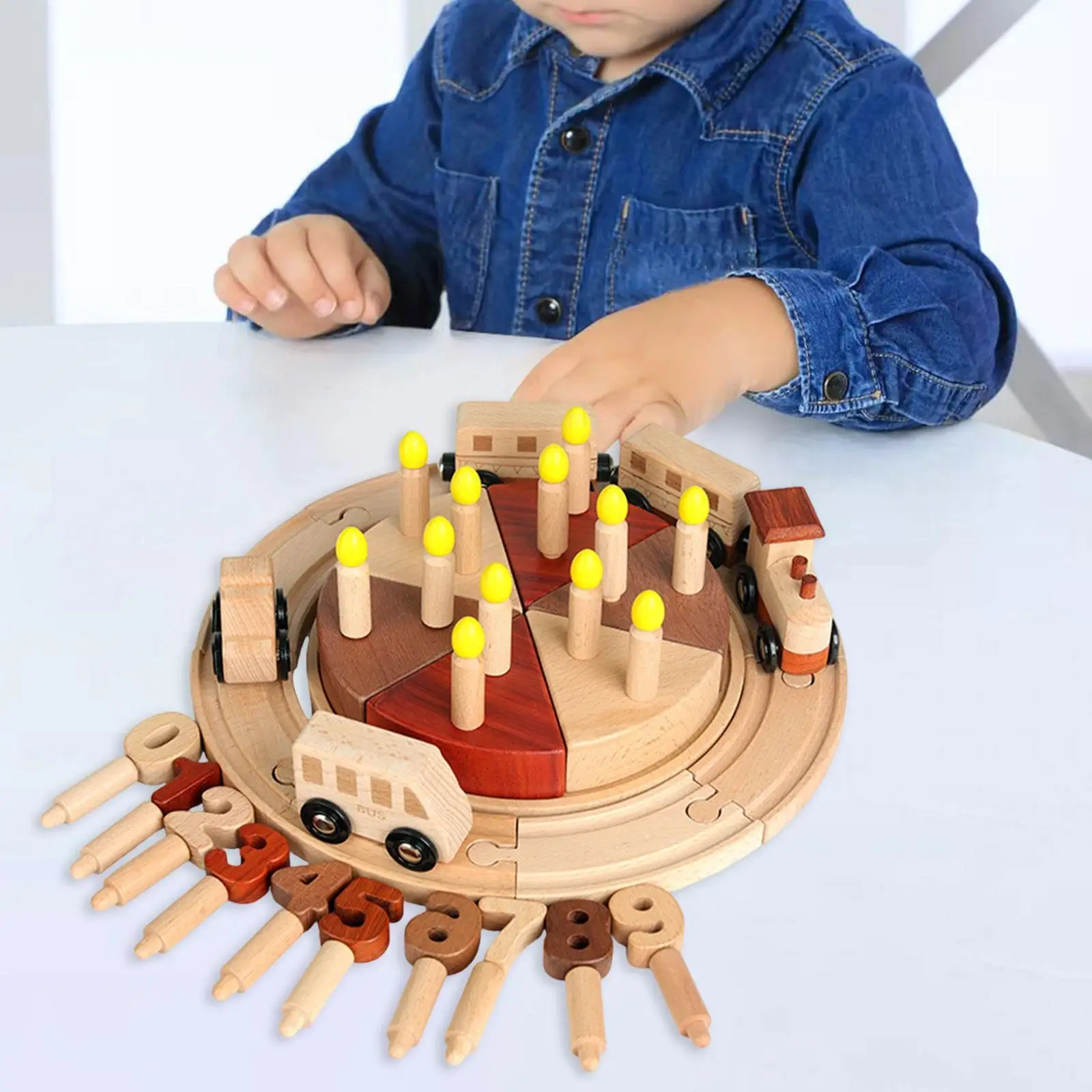 Wooden Birthday Cake Train Toy, Wooden Educational Playset ,Fine Motor Skill Wooden Train Pretend Cake Play for Party Kid,