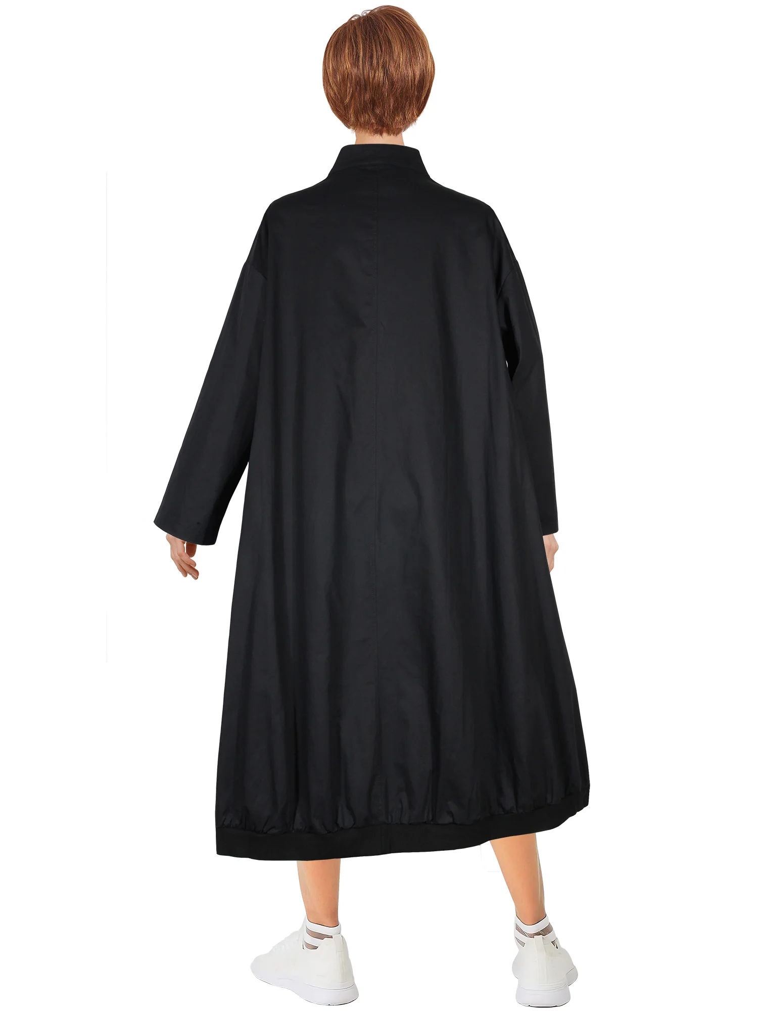 Solid Black Button Down Women Dress Chic Spring Raglan Long Sleeve Pocket Casual Loose Long Flare Dress