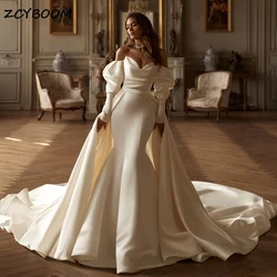 Customized Elegant Satin 2 In 1 Detachable Train Mermaid Wedding Dress 2024 Long Sleeves Women Bridal Gowns Vestido De Noiva