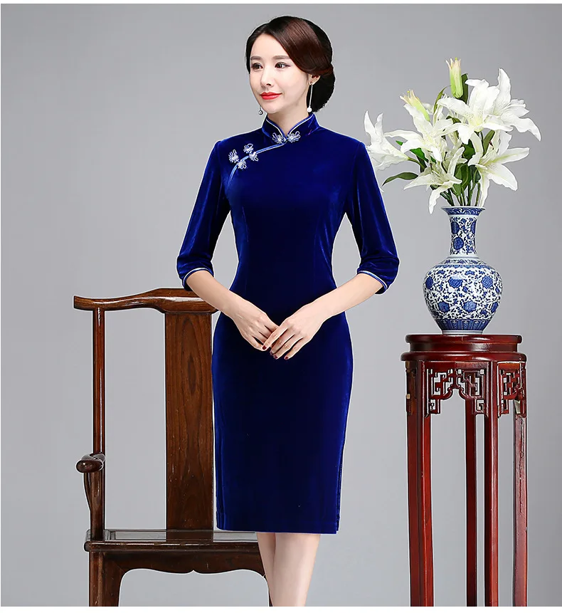 

Autumn Winter Velour Half Sleeve Cheongsam Plus Size Velvet Female Qipao Vintage Classic Mandarin Collar Chinese Dress Vestidos