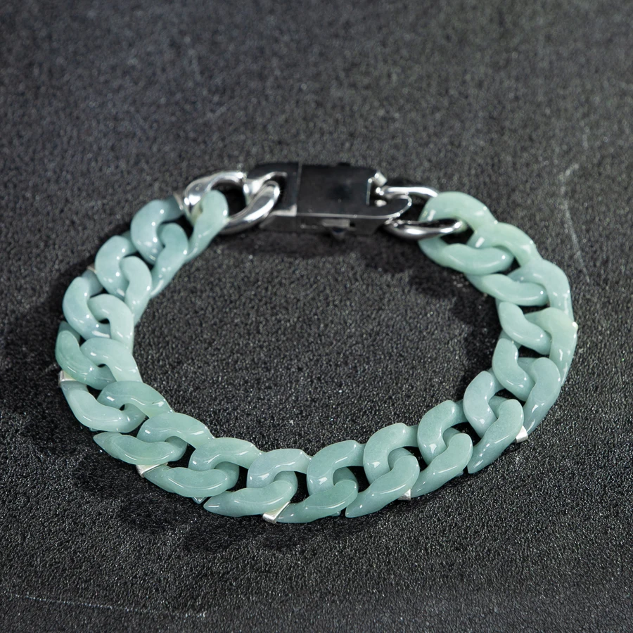 

TIMESWIND Upgrade and Reinforce Version Natural A-type Jade Blue Cuban Chain Titanium Steel Hip-hop Men Bracelet Certificate