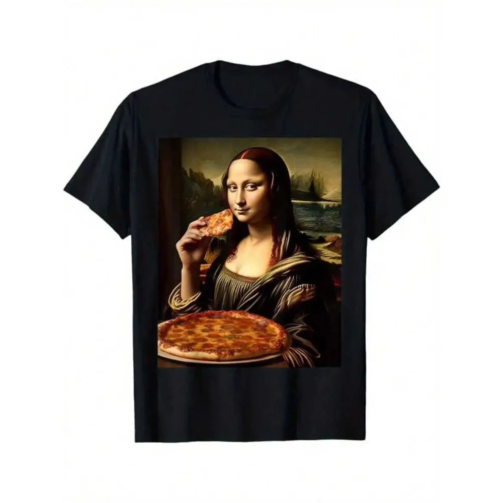 Funny Mona Lisa Printed Cotton T-shirt Men's Clothing Casual Short-sleeve Crew Neck T-shirt 100% Cotton Moisture-wicking