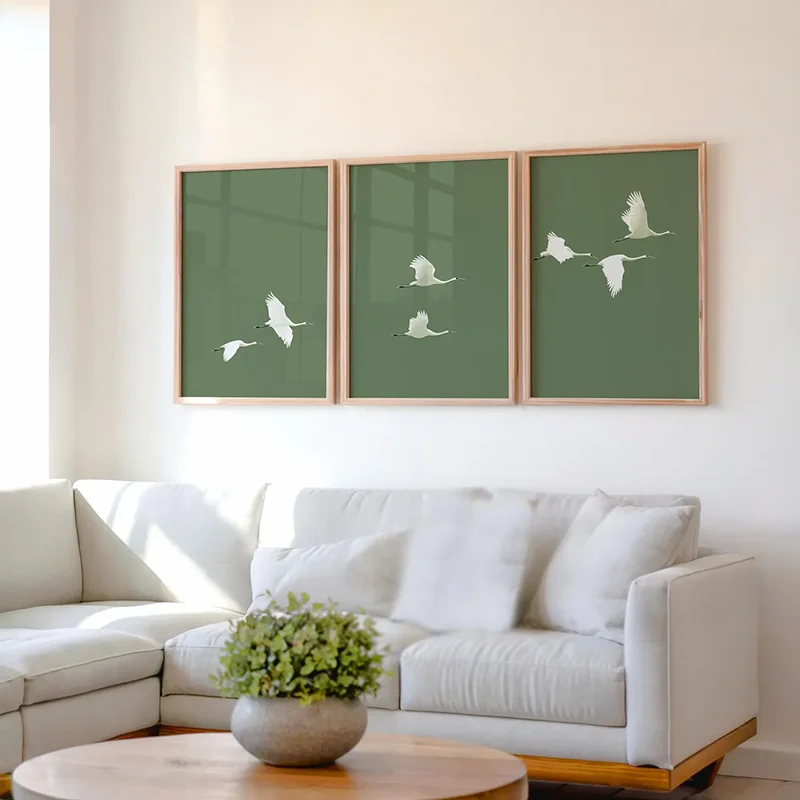 3PCS Japandi Crane Poster Set  Sage Green Minimalist Wall Art  Canvas Paintings For Room Decor  Home Wall Decor
