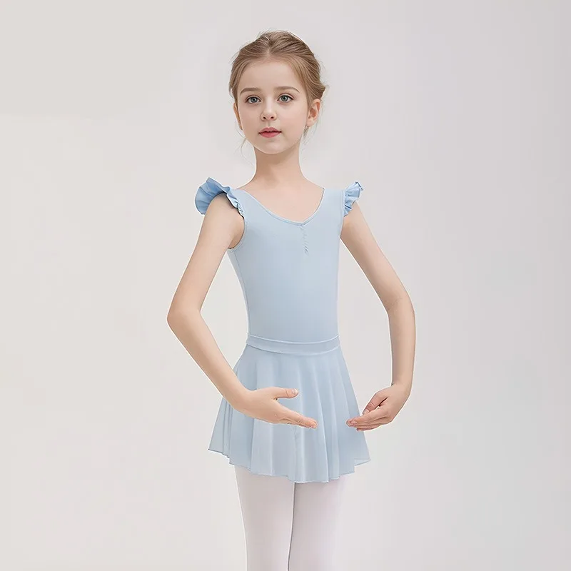 女の子用、小さなフラップ付き、ワンピース半袖ダンススカート、子供用ダンスバレエ体操新商品