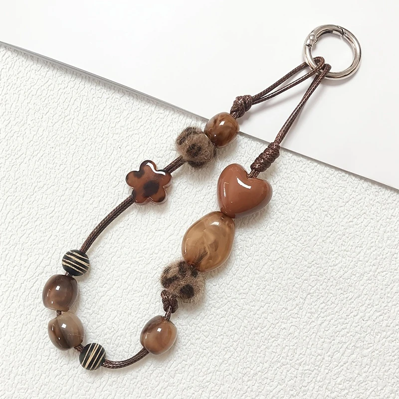 Brown Leopard Heart Print Bead Phone Strap Charm Chain Knot Cellphone Lanyard Keychain Girl Bag Camera Pendant for Airpods Case