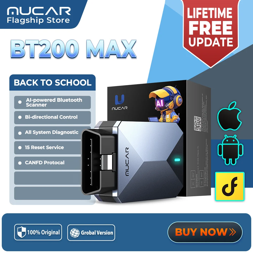 Scanner Automotivo Bluetooth OBD2 MUCAR BT200 MAX AI com Teste Ativo CANFD, 15 Funções de Redefinição, Diagnóstico Completo de Sistemas para Todos os Carros, Uso Vitalício Gratuito.