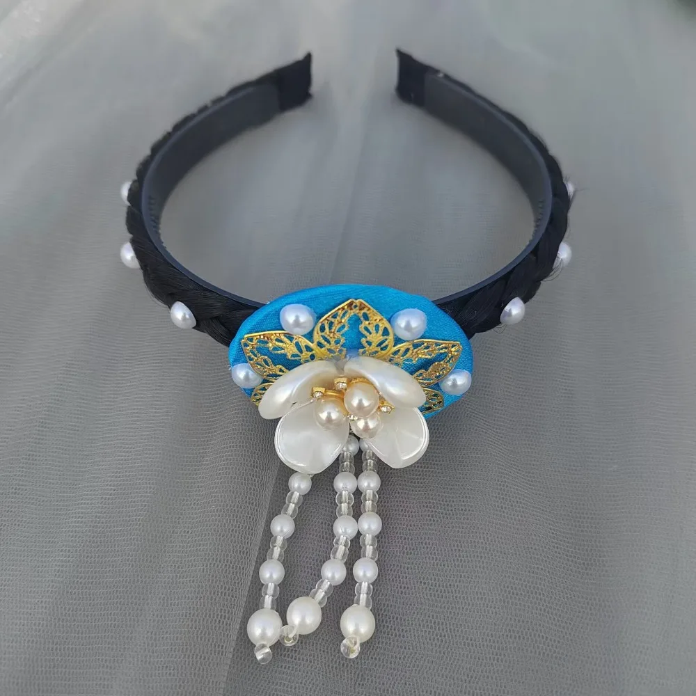 Retro Flower Korean Headband Tassels Pearl Hanbok Hairband Beaded Ethnic Style Stage Dance Hair Hoop Wedding