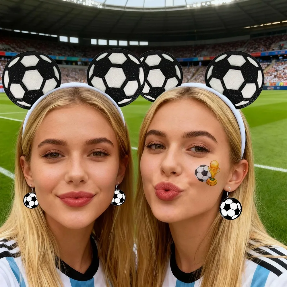2026 Soccer Elastic Headbands Three-piece Set, Hair Bands, Earrings and Face Stickers for Sports Fans World Cup Party
