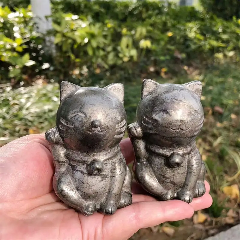 Natural Pyrite Fortune Cat Carving Figurine Ornament Healing Craft Home Decor Stone Holiday Gift 1PCS