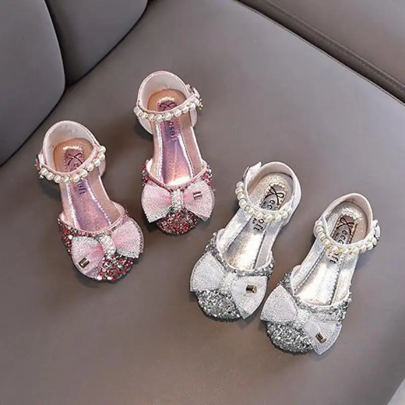 AINYFU Girls Sequin Lace Bow Sandals Children's Rhinestone Party Wedding Shoes Fashion Bling Pearl Baby Kids Soft Sole Sandals