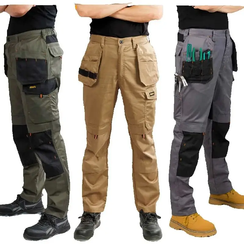 Men Twill Fabric Work Pants With Knee ProtectionPad, Outdoor Cycling Multi Pocket Pants, Wear Resistant Sturdy Tactical Pant
