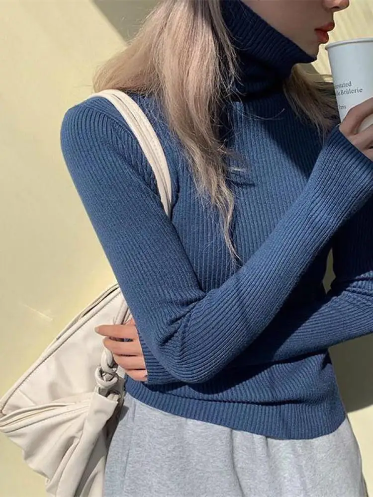 Elegant Solid Basic Knitted Tops Women Turtlneck Sweater Casual Pullover Korean Fashion Simple With Thumb Holes Chic Clothes