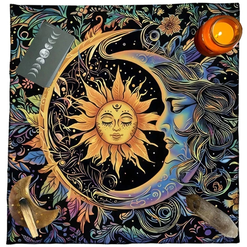 Y1UB Tarots Card Tablecloth Altars Cloth Moons and Sun Astrologys Tablecloth Divinations Card Cloth Tapestry Wall Decoration