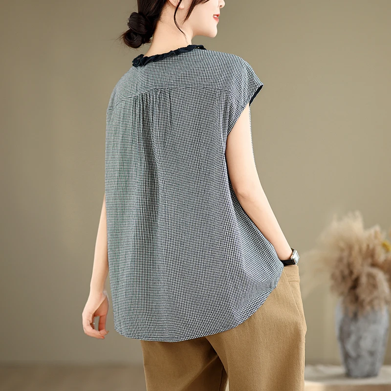 Original rétro dentelle col pur coton Plaid ample oulder couverture Sve irt femmes bouton nouveau Sle été Faion haut