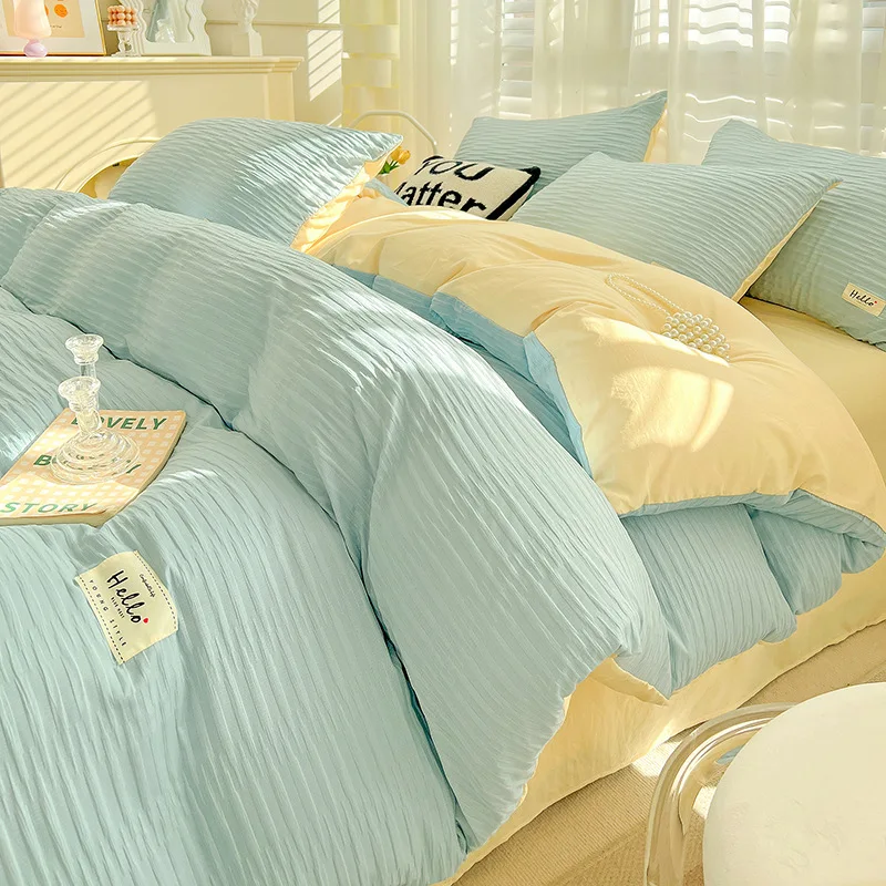 Picture 6: Korean ins wind seersucker solid color double washed cotton four-piece set, spring and summer three-piece set