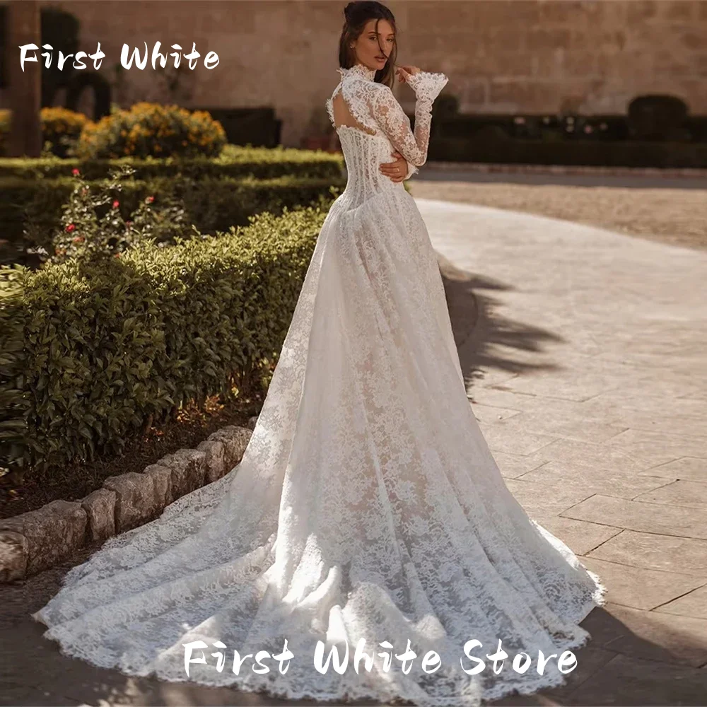 Lace Wedding Dress High Neck A-Line Long Sleeves 2026 Wedding Gowns Luxury Backless Boho Bridal Ball Prom Dress Customised