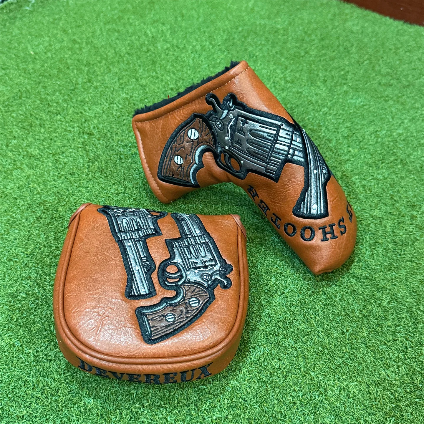 Golf Headcover Set,Western Cowboy Grand Canyon PU Leather Embroidery Driver Fairway Putter Head Cover Vintage Skull Revolver