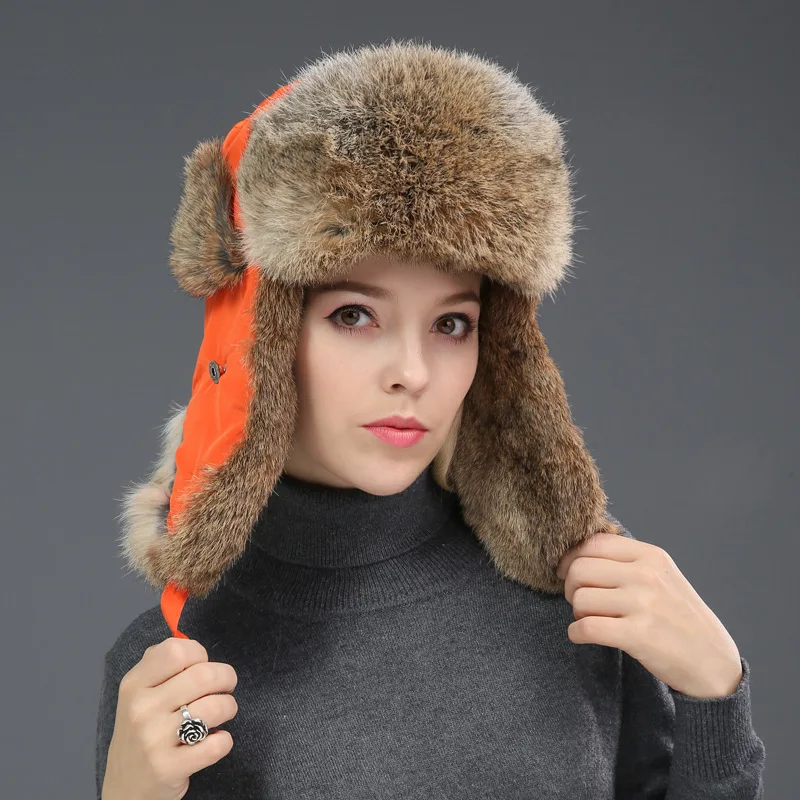 Russia Winter Real fur Hat Unisex Outdoor Windproof Super Warm Real Rabbit Fur Bomber Hats Natural Soft Natural Rabbit Fur Caps