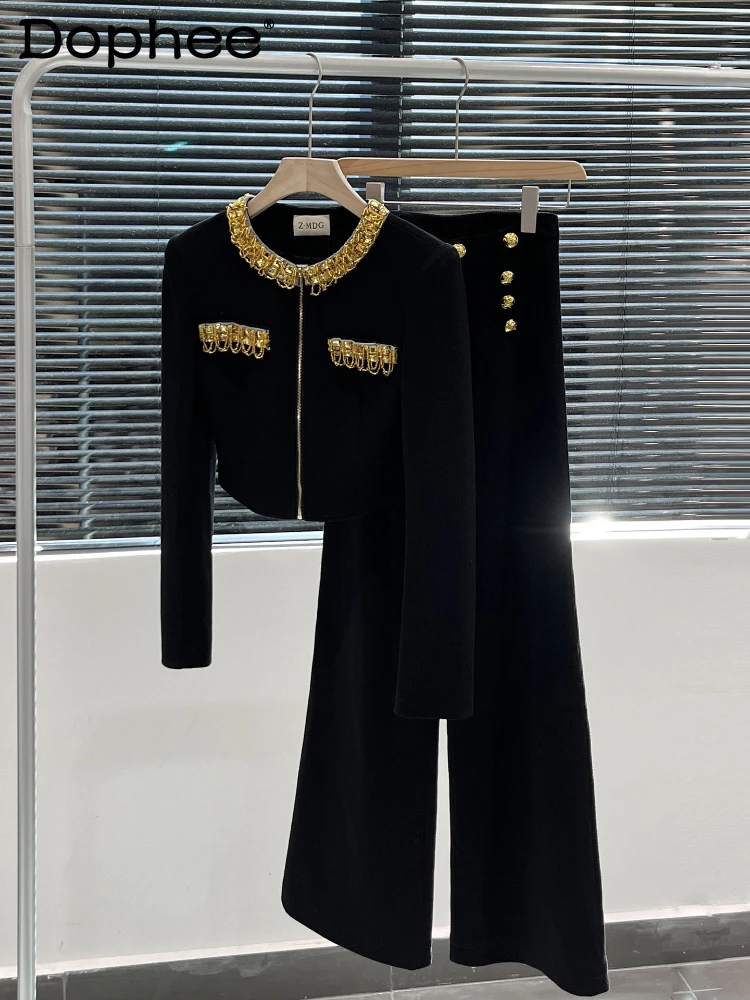 

Office Lady Pants Suit Spring Autumn New Retro French Beading Long-Sleeve Jacket High Waist Wide-Leg Pants Two-Piece Sets Women