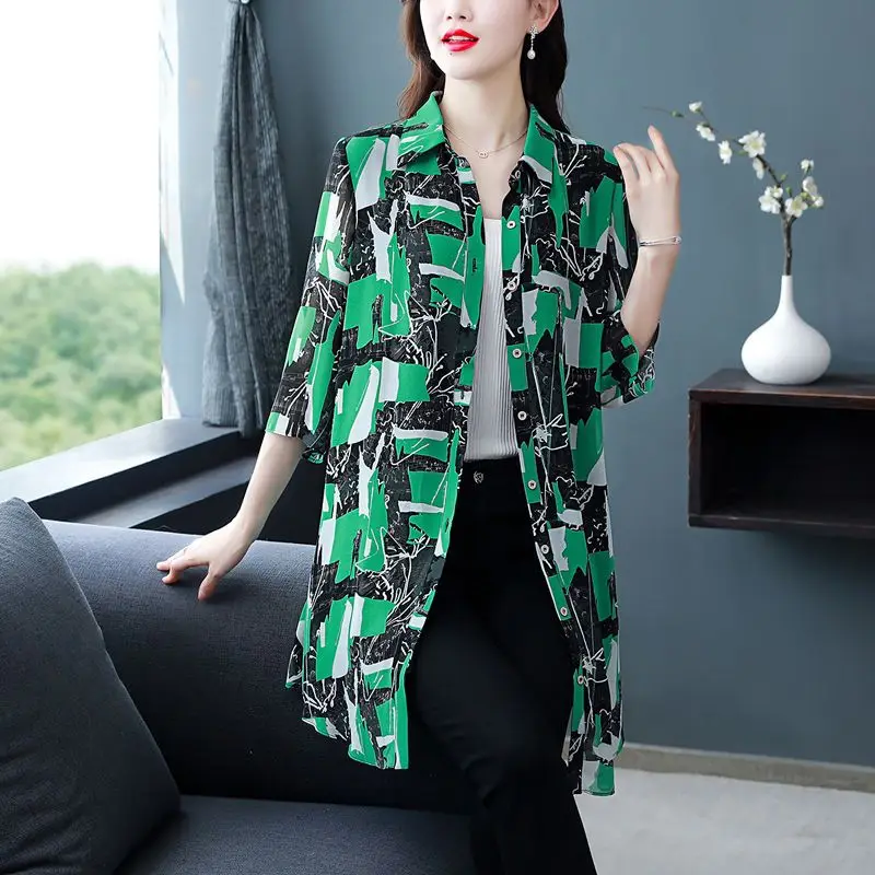 Women Summer Fashion Loose Fashionable Printing Chiffon Polo-Neck 3/4 Sleeve Shirts Women Clothes Casual All-match Elegant Tops