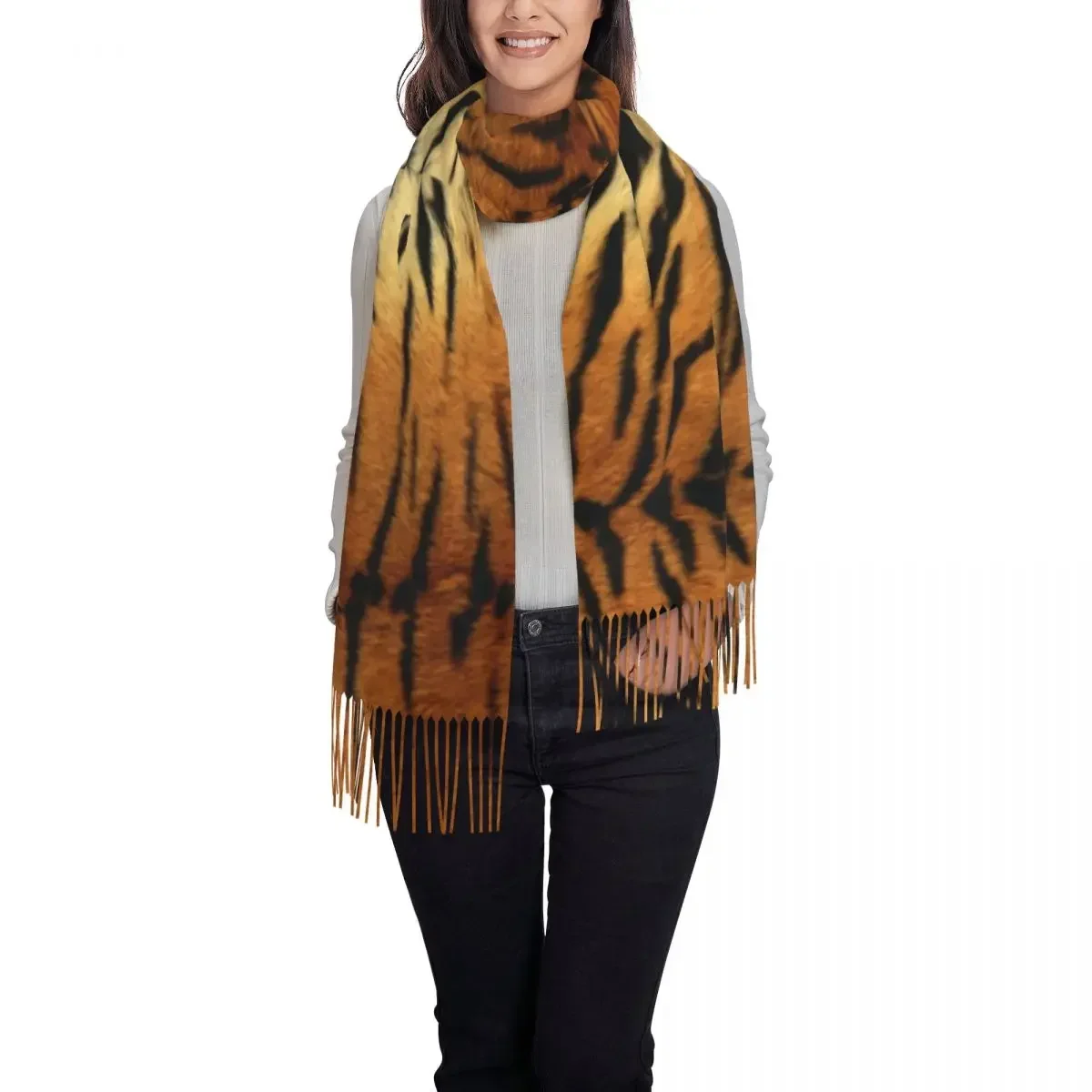 Tiger Skin Print Scarf with Tassel Modern Animal Warm Shawl Wrap Women New Design Large Scarves Winter Popular Bufanda Mujer