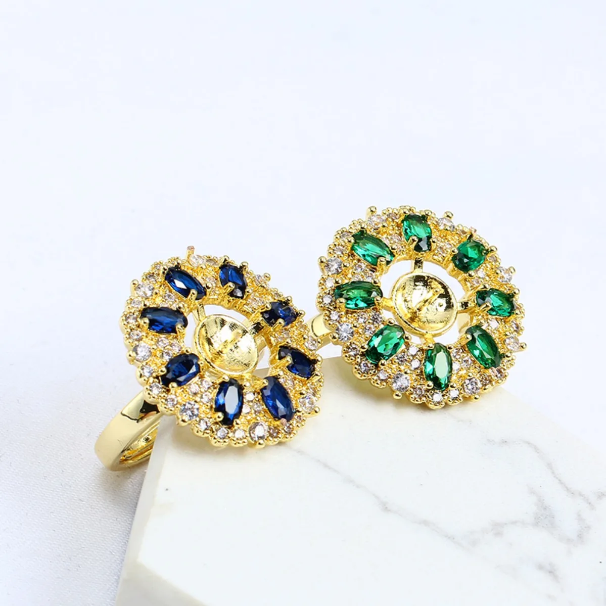 Brass 14K Gold Filled Large‑Flower Color CZ Micro‑Pave Adjustable Open Ring Blank Setting Women DIY Pearl Ring Accessories