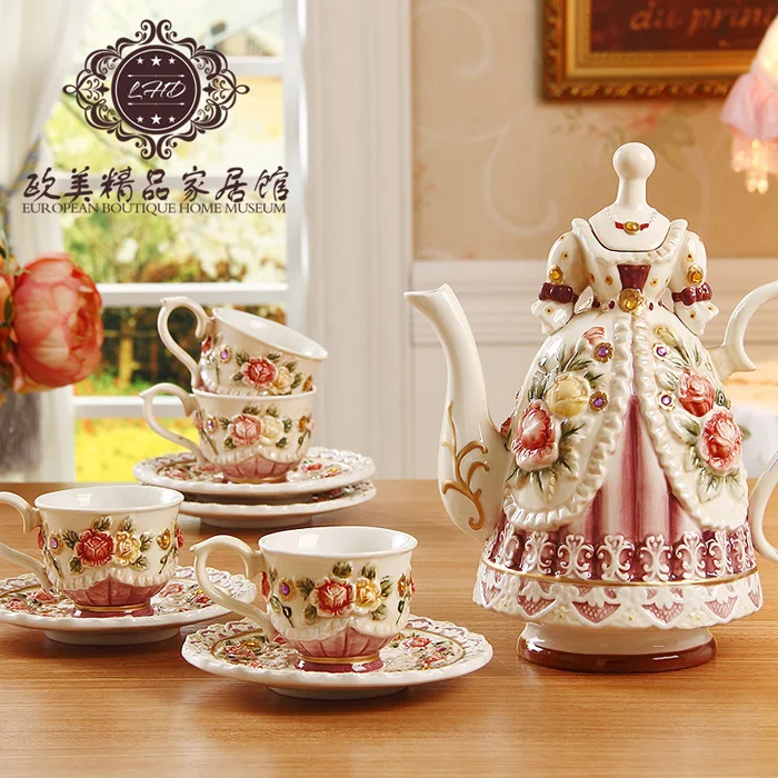 Tea set ceramic underglaze color hand-painted relief rose coffee cup pot high-grade large-capacity retro suitable for home gifts